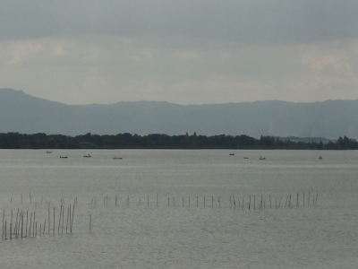 琵琶湖大橋西詰めから眺めた南湖は釣り中のボートがパラパラ見えて平日にしてはいい感じの賑わいです（10月17日11時頃）