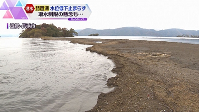 琵琶湖の減水で長浜湖岸の島が陸続きに