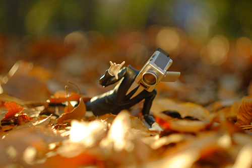 ツバキアキラが撮った、S.H.フィギュアーツ・カメラ男。枯れ葉の中に埋もれて、遊んでいるカメラ男。